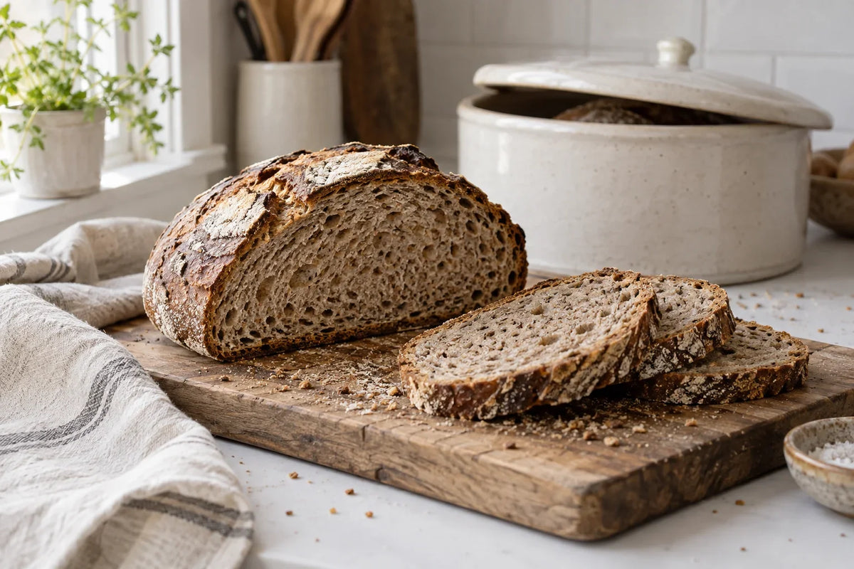 Brotlaib und Brotscheiben neben einem Brottopf auf einer Küchenarbeitsfläche