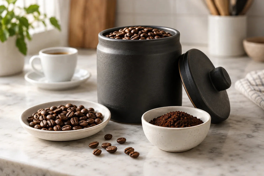 Kaffeebohnen und gemahlener Kaffee neben einer dunklen Vorratsdose