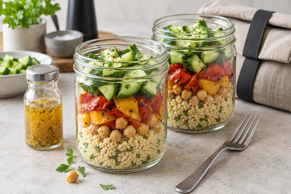 Vorbereitete Mittagsportionen im Glas mit Couscous, Gemüse und separatem Dressing
