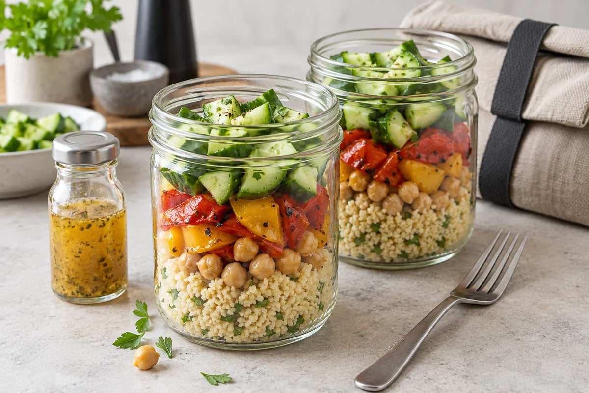 Vorbereitete Mittagsportionen im Glas mit Couscous, Gemüse und separatem Dressing