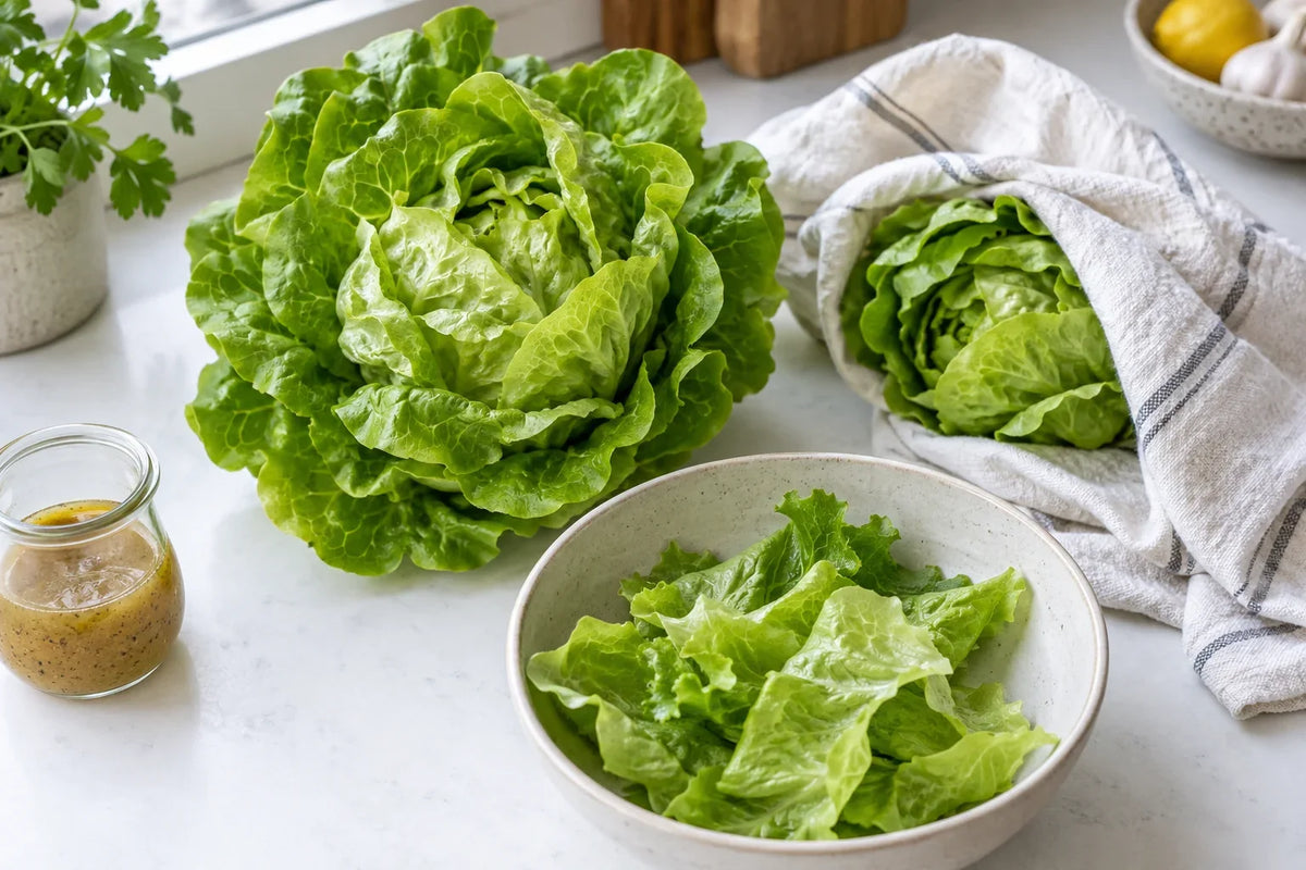Salatköpfe, lockere Salatblätter und separat bereitgestelltes Dressing