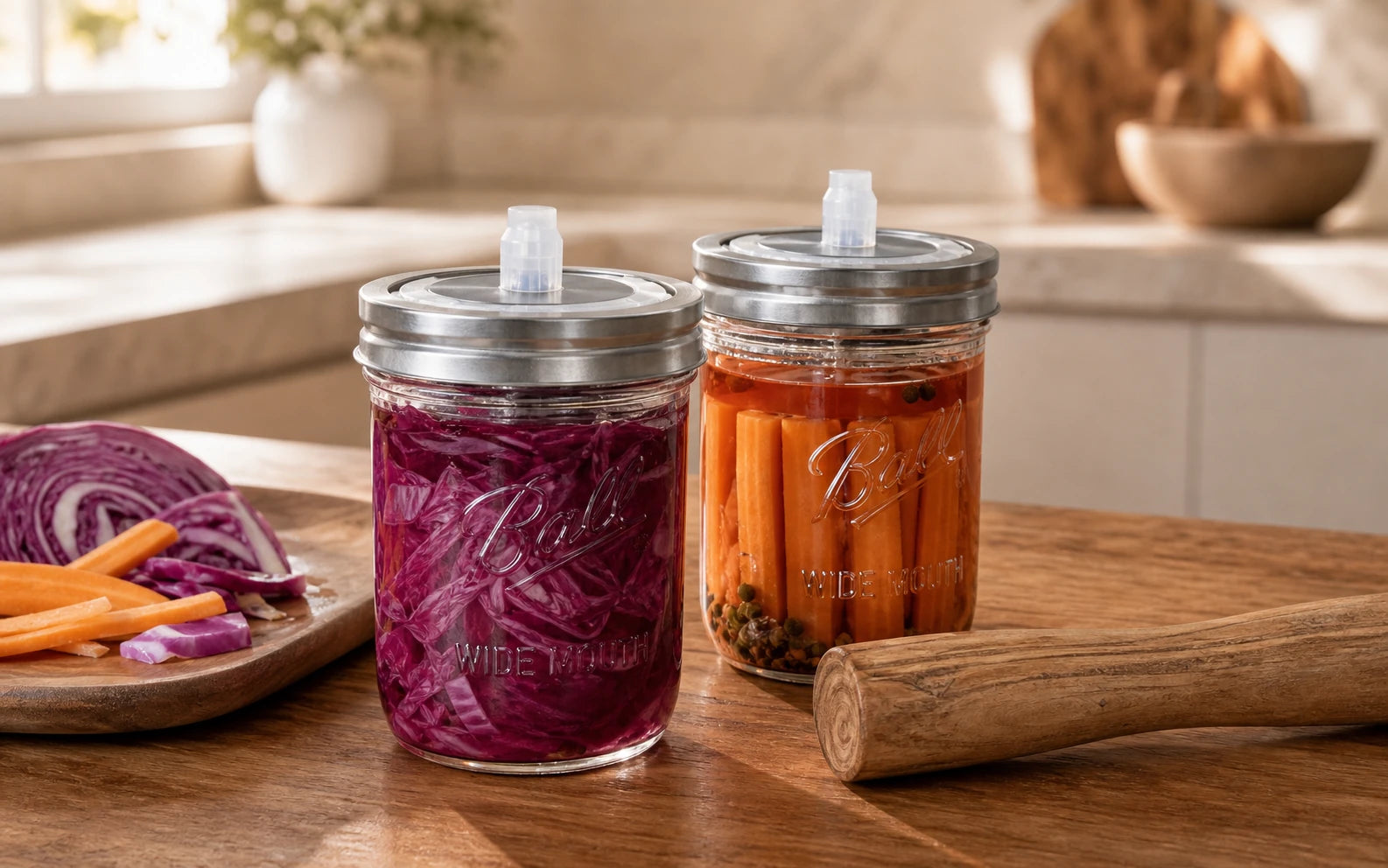 Zwei Ball Wide Mouth Mason Jars mit Gemüse unter Lake und montierten Fermentationsdeckeln