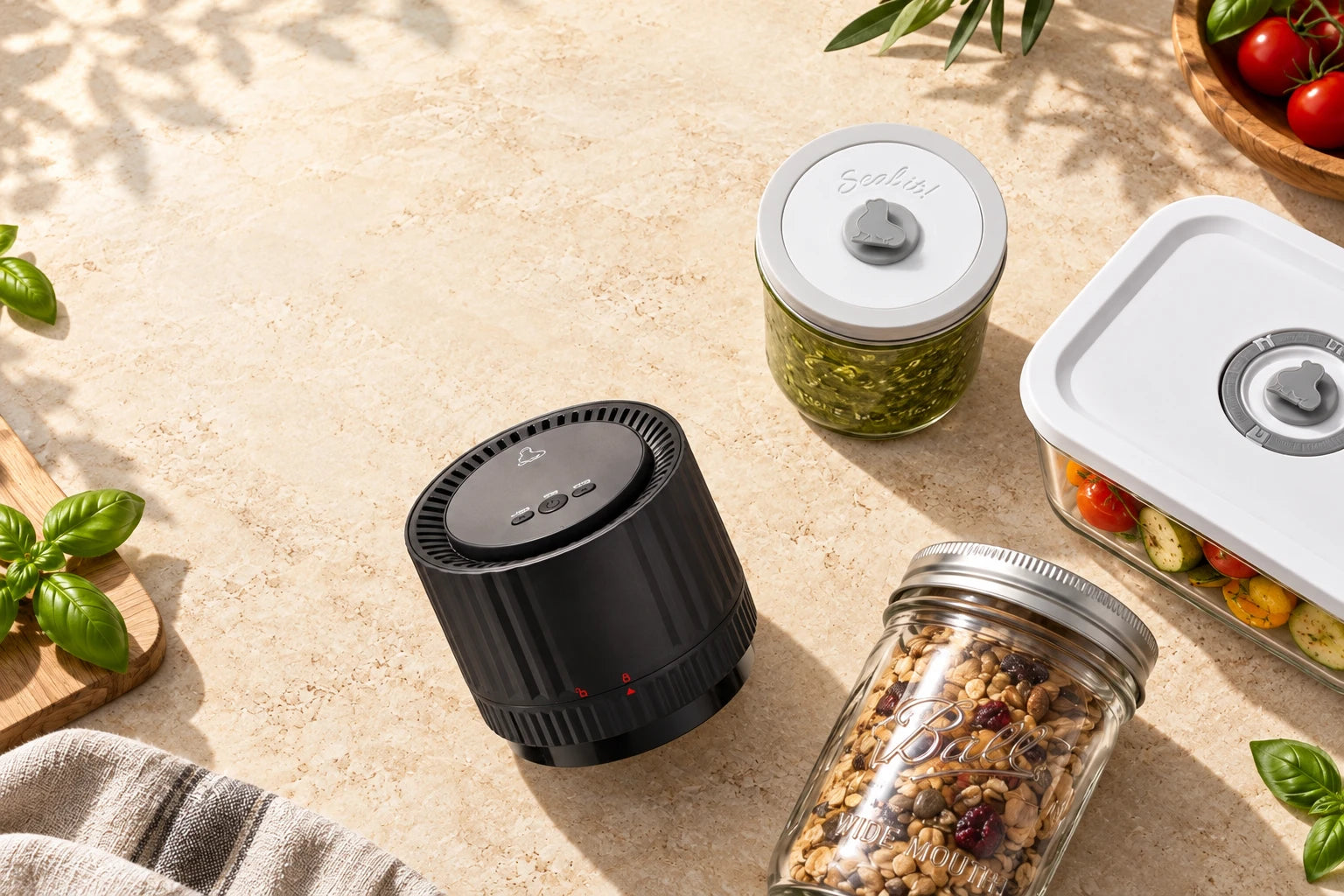 EcoSeal Pro, ein glattes Pesto-Glas mit AnySeal Deckel, eine AnySeal Box und ein Ball Mason Jar mit Originaldeckel auf einem hellen Küchentisch.