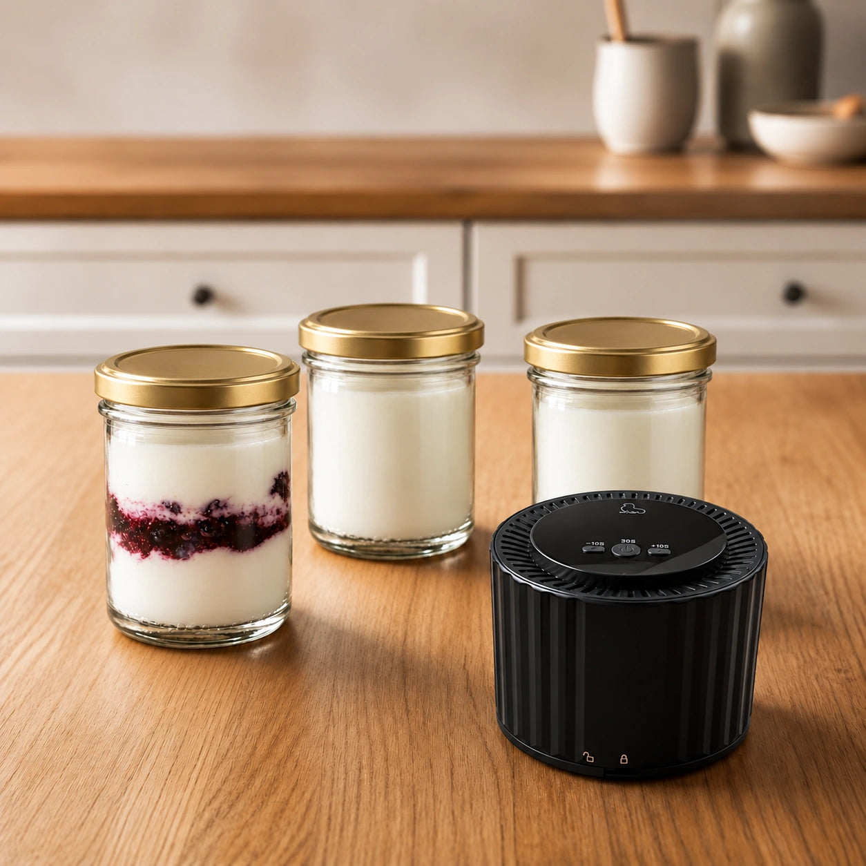 Der EcoSeal Pro neben portionsweise abgefülltem Joghurt in kleinen 230-ml-VakuGläsern mit goldenen Twist-off-Deckeln