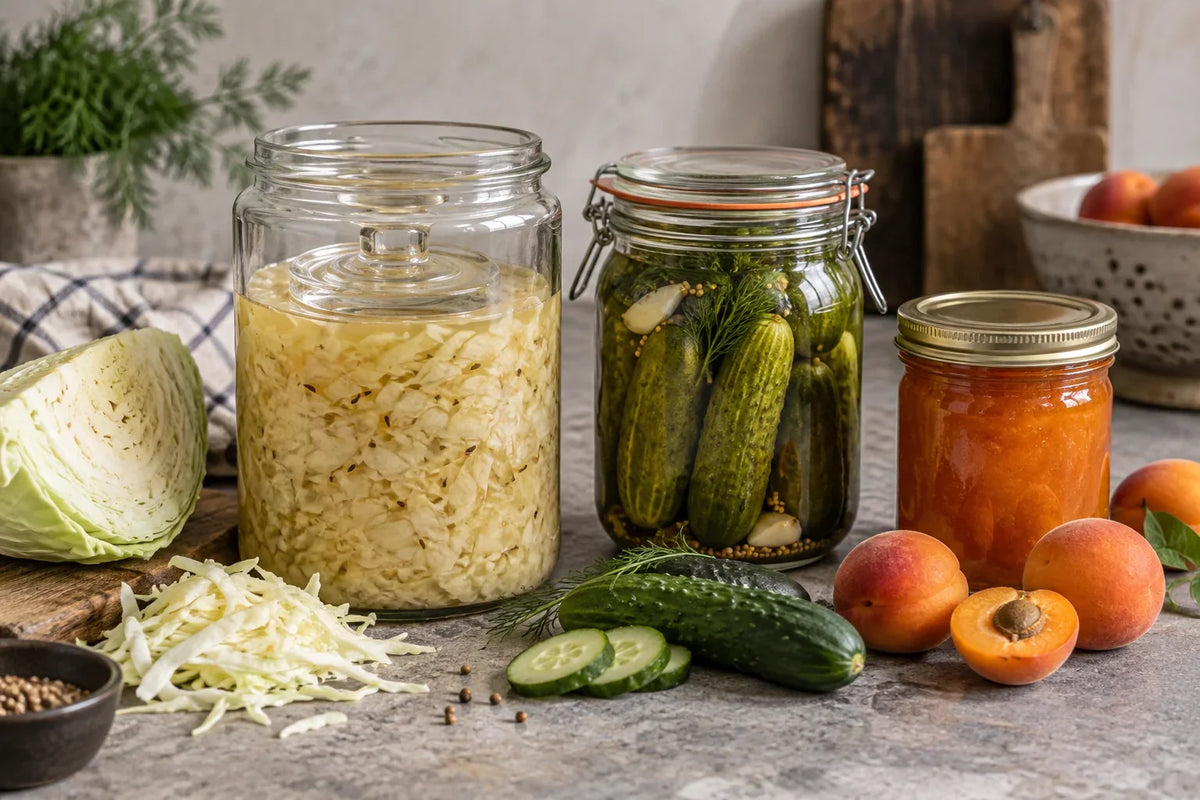 Sauerkraut, eingelegte Gurken und eingekochte Aprikosen im Vergleich