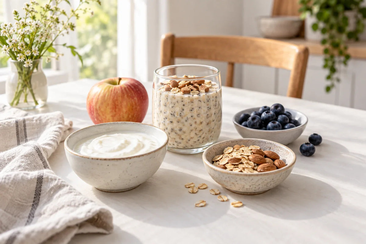 Joghurt, Overnight Oats, Haferflocken und Obst auf einem Frühstückstisch