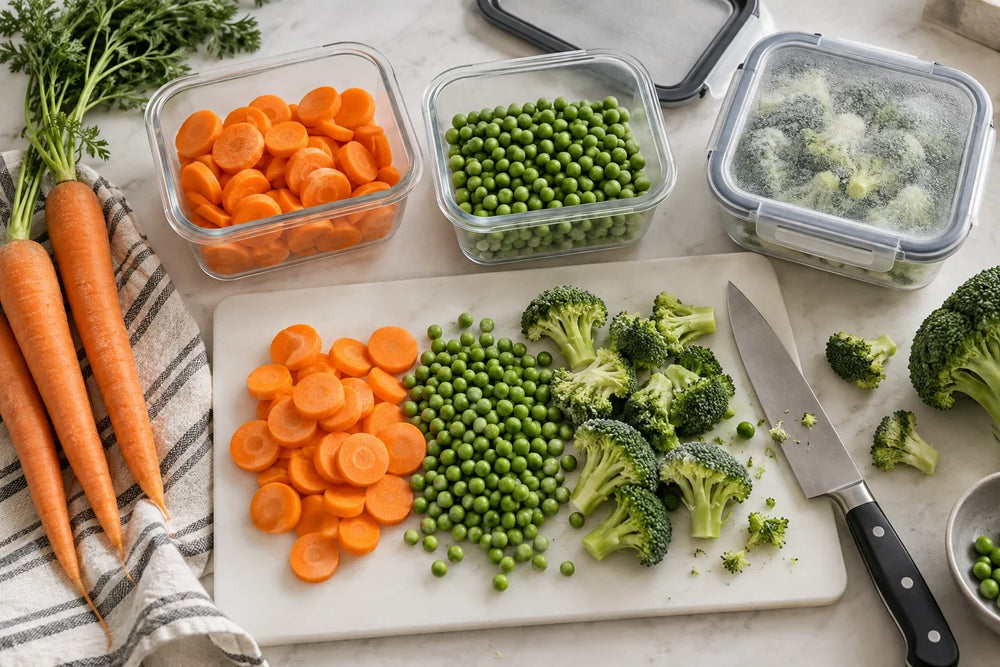 Portioniertes Gemüse und geeignete Behälter zum Einfrieren