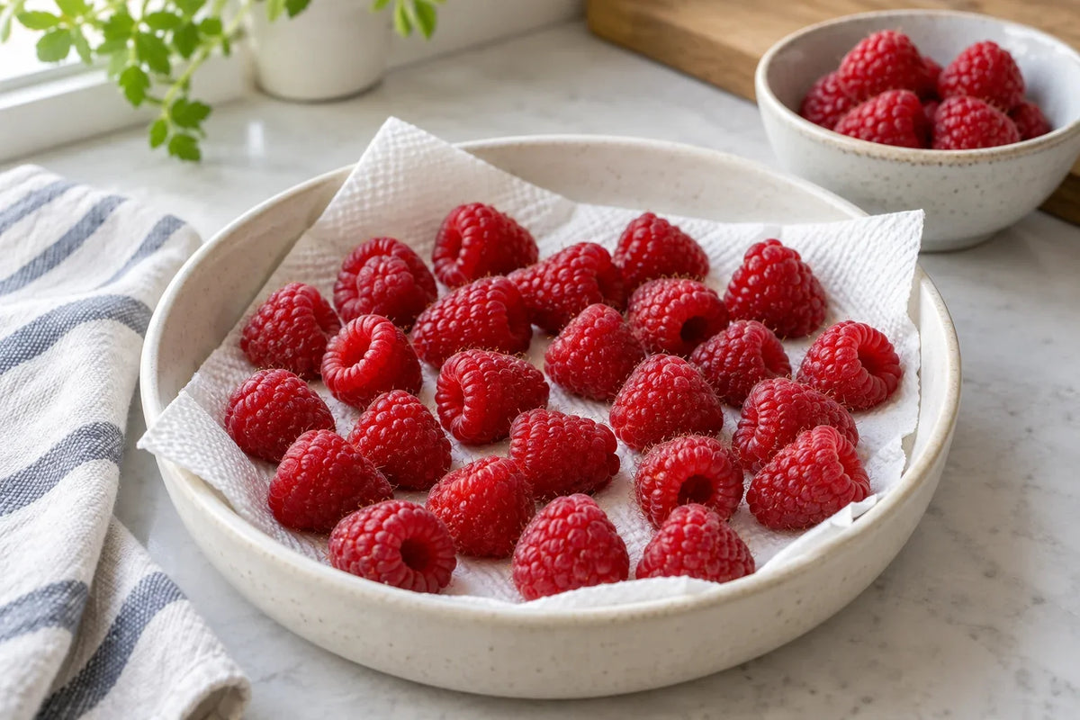 Frische Himbeeren in einer flachen Schale auf saugfähigem Küchenpapier