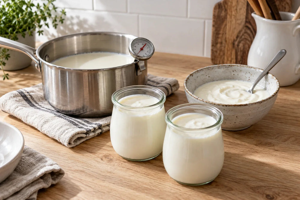 Milch, Naturjoghurt und saubere Gläser für selbstgemachten Joghurt