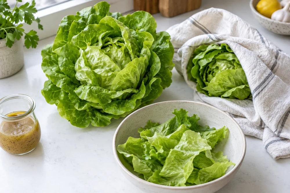 Salatköpfe, lockere Salatblätter und separat bereitgestelltes Dressing