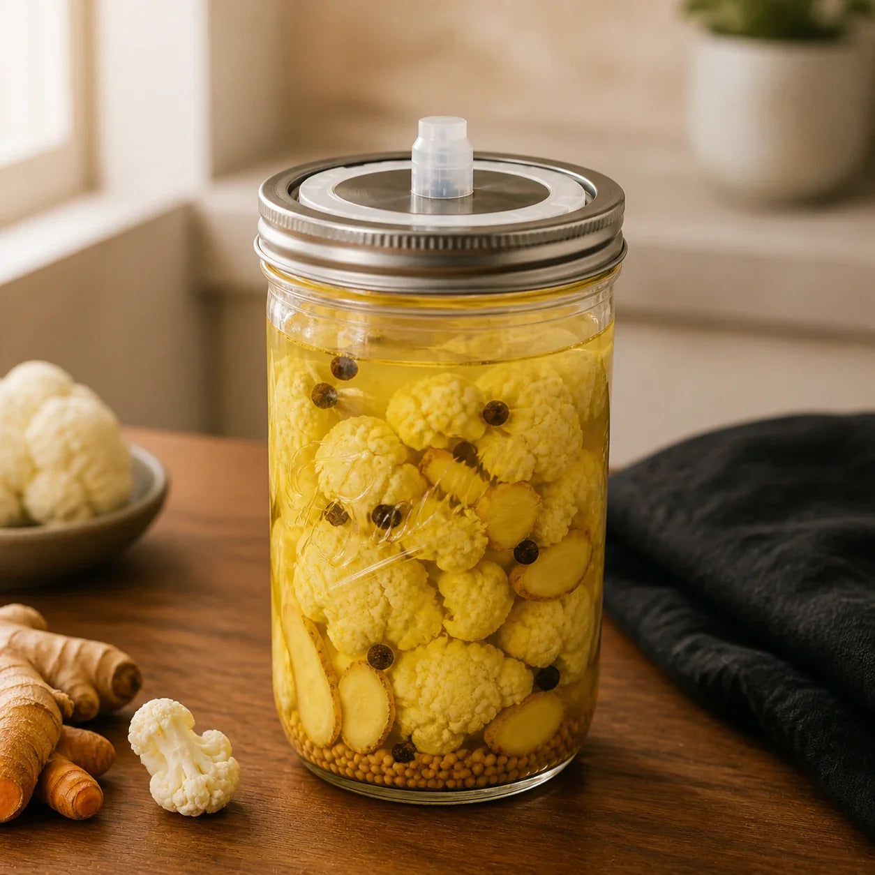Kurkuma-Blumenkohl im 946-ml-Ball-Mason-Jar mit Fermentationsdeckel