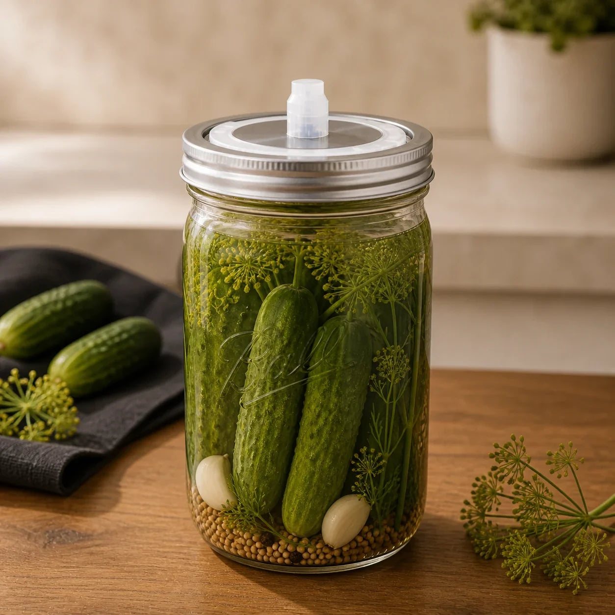 Dillgurken im 946-ml-Ball-Mason-Jar mit Fermentationsdeckel
