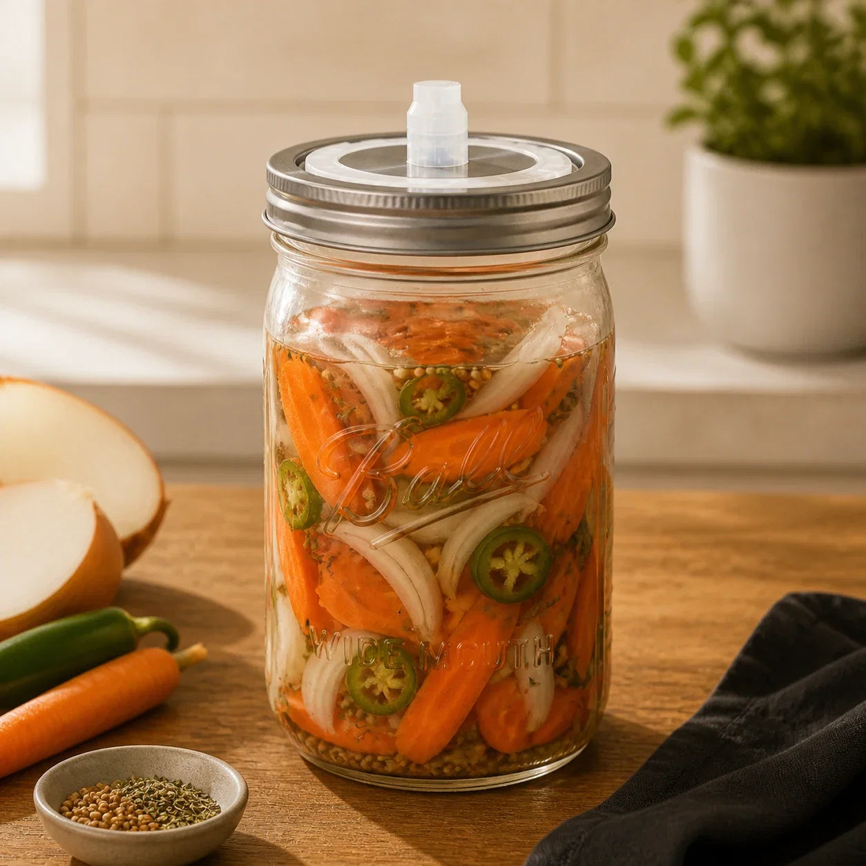 Fermentiertes Escabeche im 946-ml-Ball-Mason-Jar mit Fermentationsdeckel