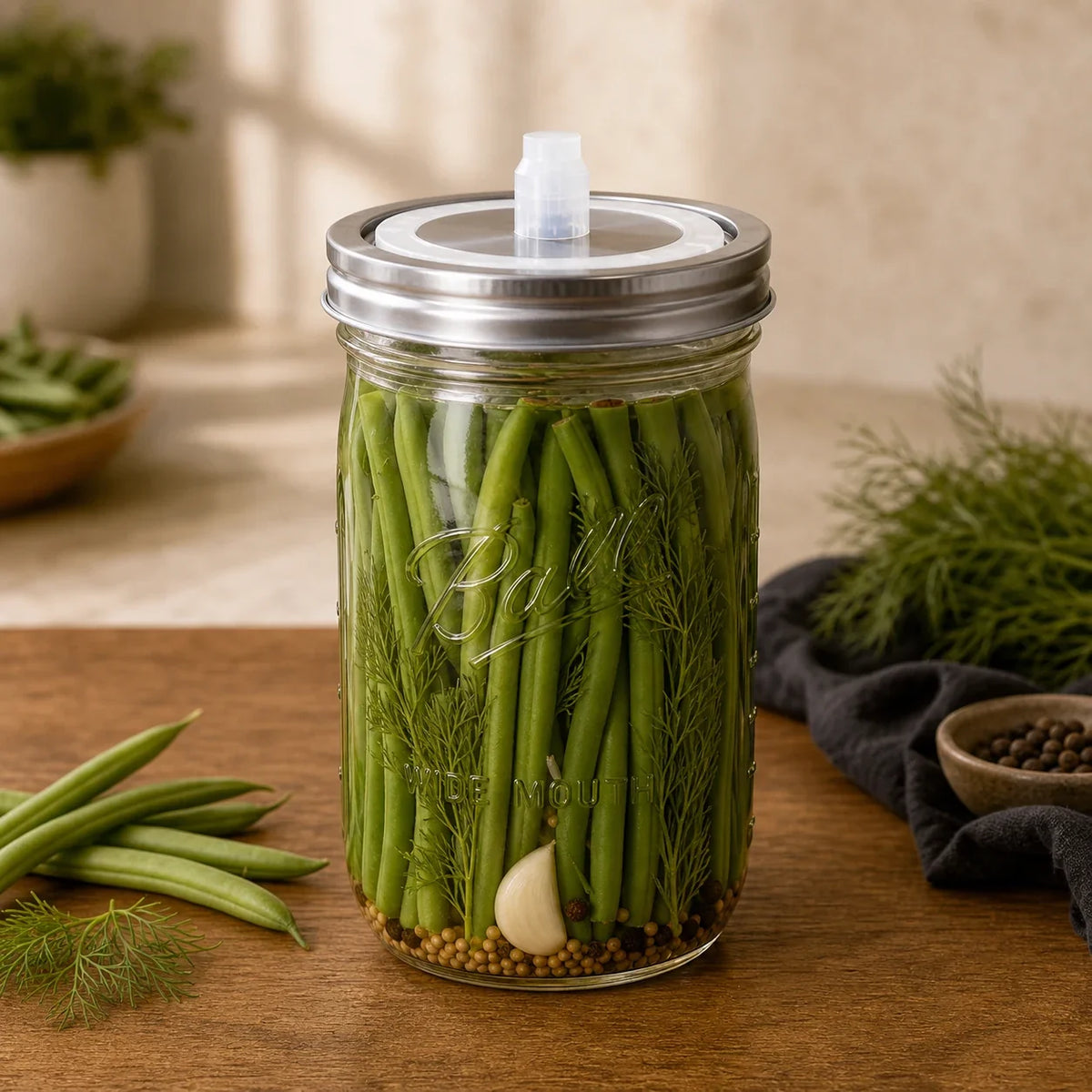 Dillbohnen im 946-ml-Ball-Mason-Jar mit Fermentationsdeckel
