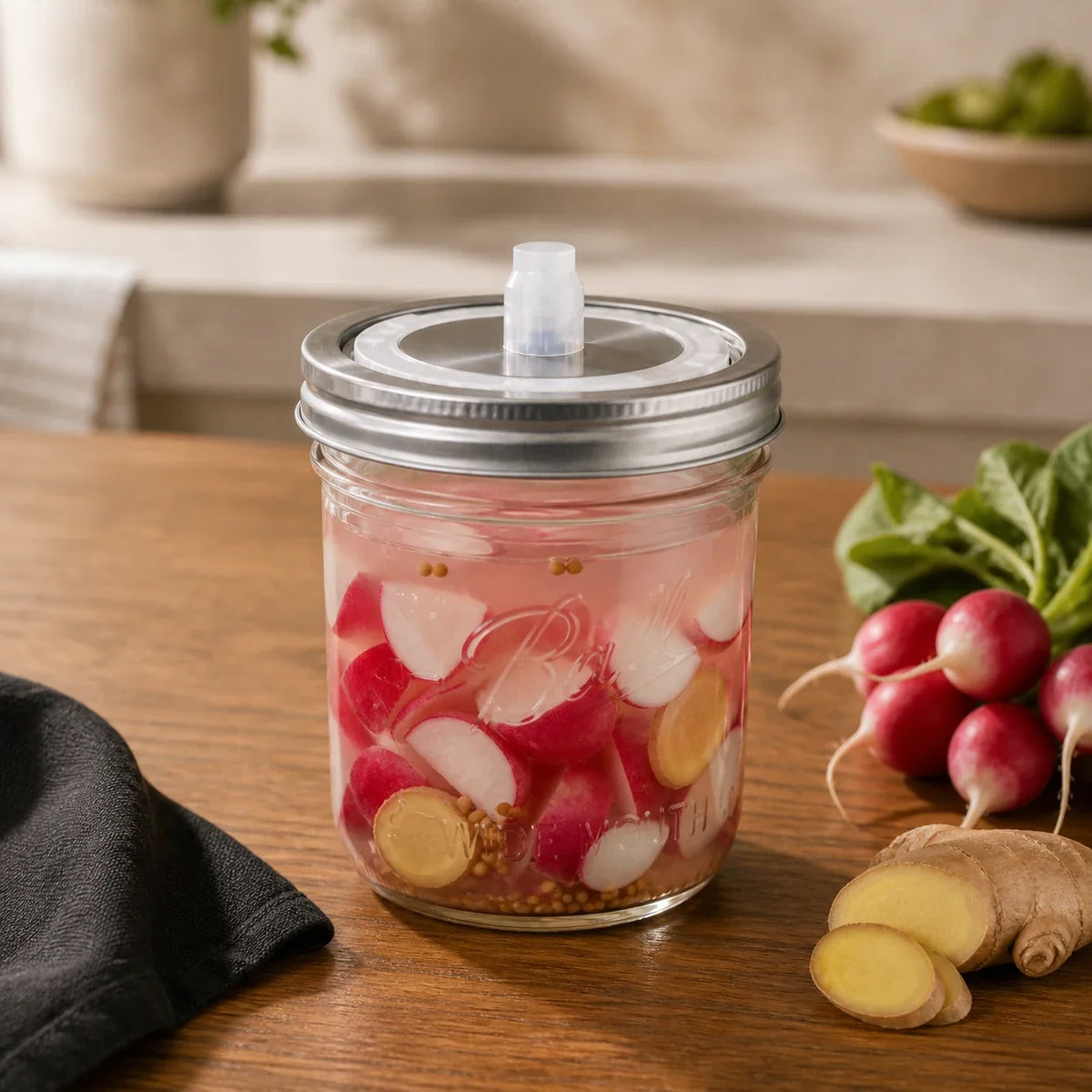 Radieschen mit Ingwer im 473-ml-Ball-Mason-Jar mit Fermentationsdeckel