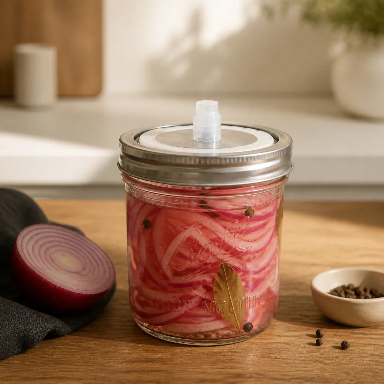 Rote Zwiebeln im 473-ml-Ball-Mason-Jar mit Fermentationsdeckel