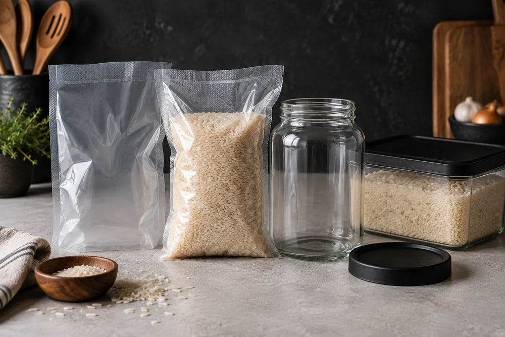 Beutel, Glas und Vorratsbox als unterschiedliche Verpackungsoptionen