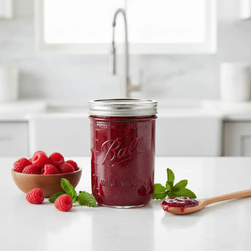 Jam in a jar with a vacuum-sealed lid