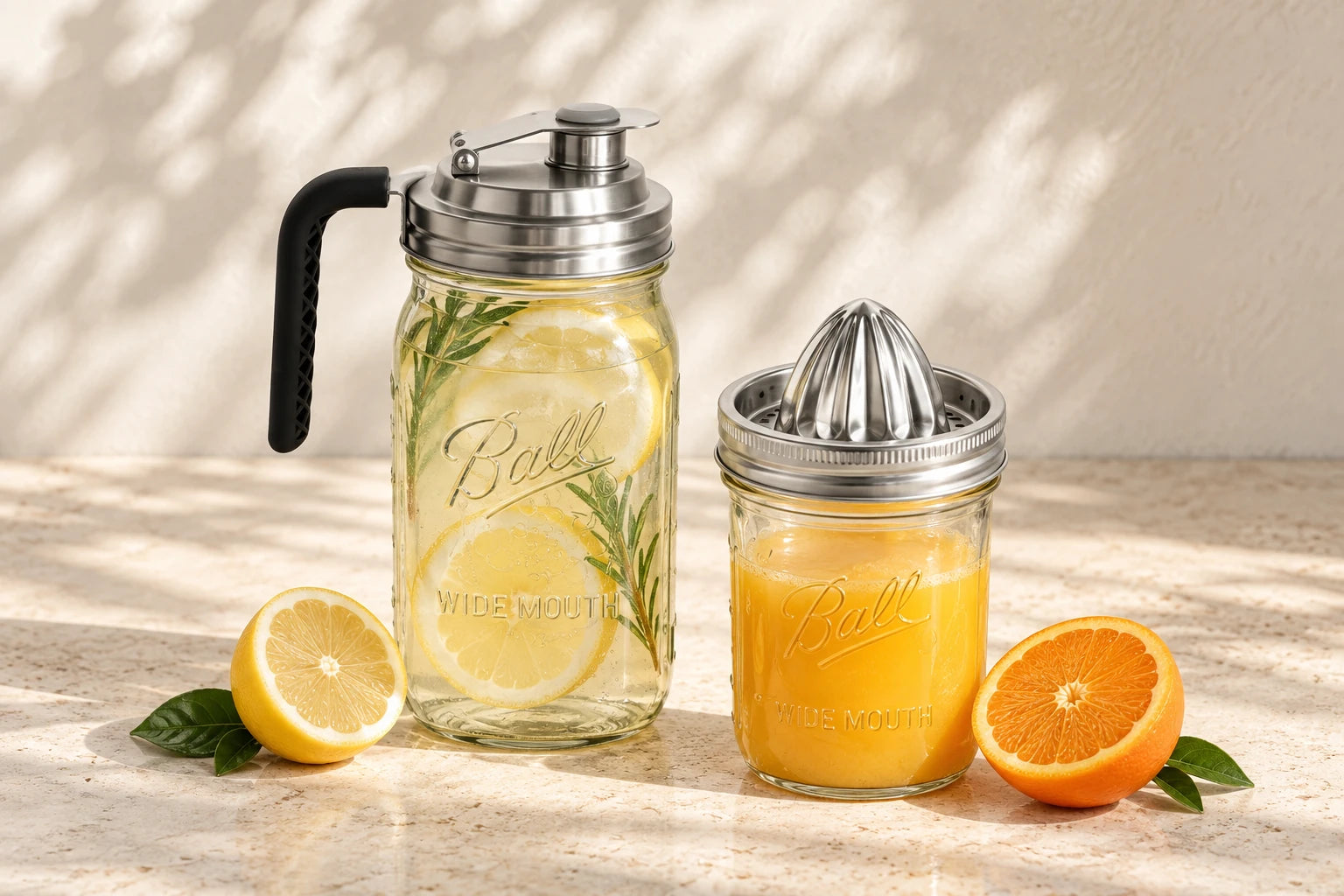 Ausschenker auf einem großen Ball Mason Jar und Zitronenpresse auf einem mittleren Glas