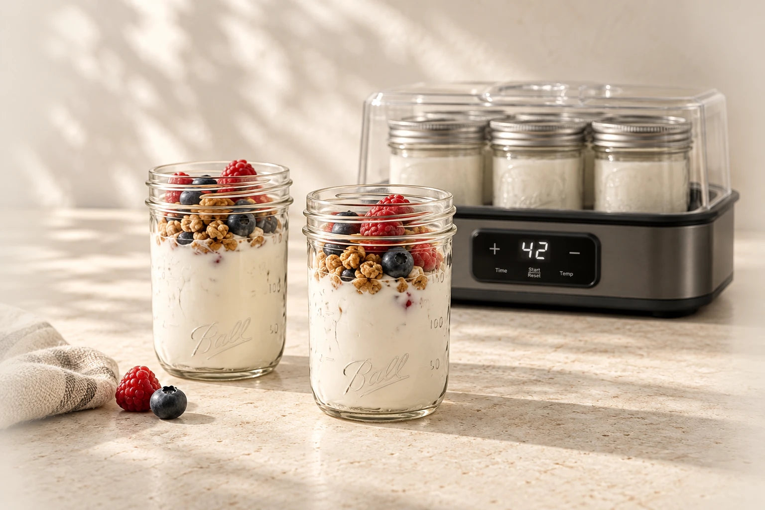 Joghurt mit Beeren in kleinen Ball Mason Jars vor Yog it!