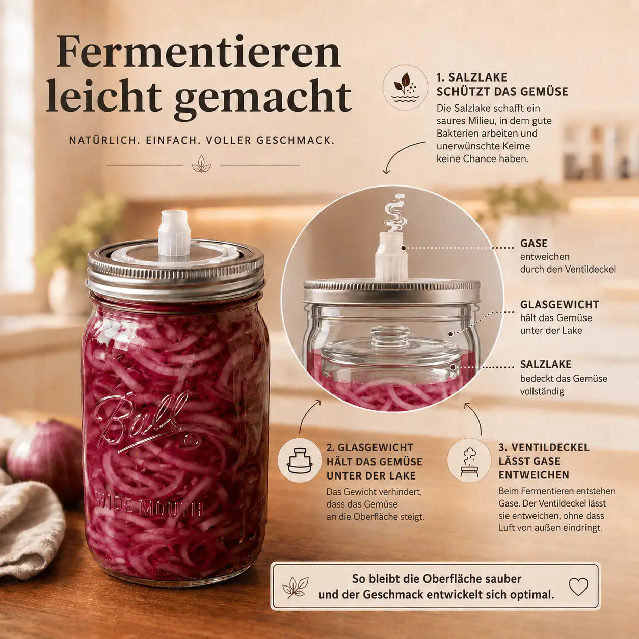 Ventildeckel entlüftet und Glasgewichte halten alles unter Lake - für saubere Fermentation und vollen Geschmack.