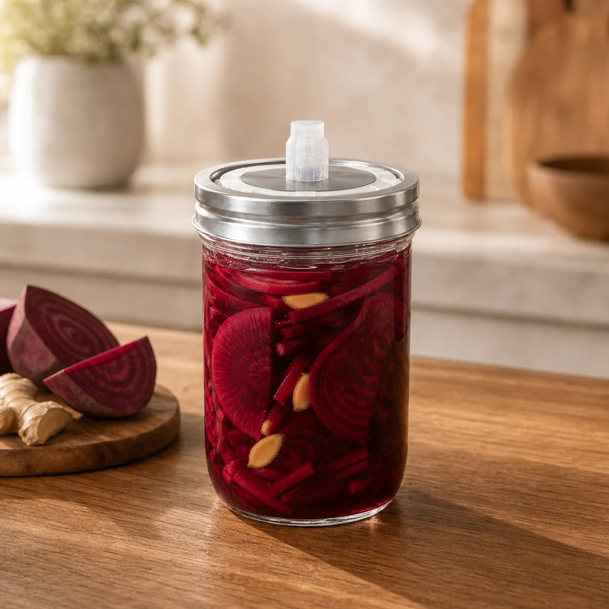 Fermentierte Rote Rübe unter Lake im Ball Wide Mouth Mason Jar mit Edelstahl-Ventildeckel