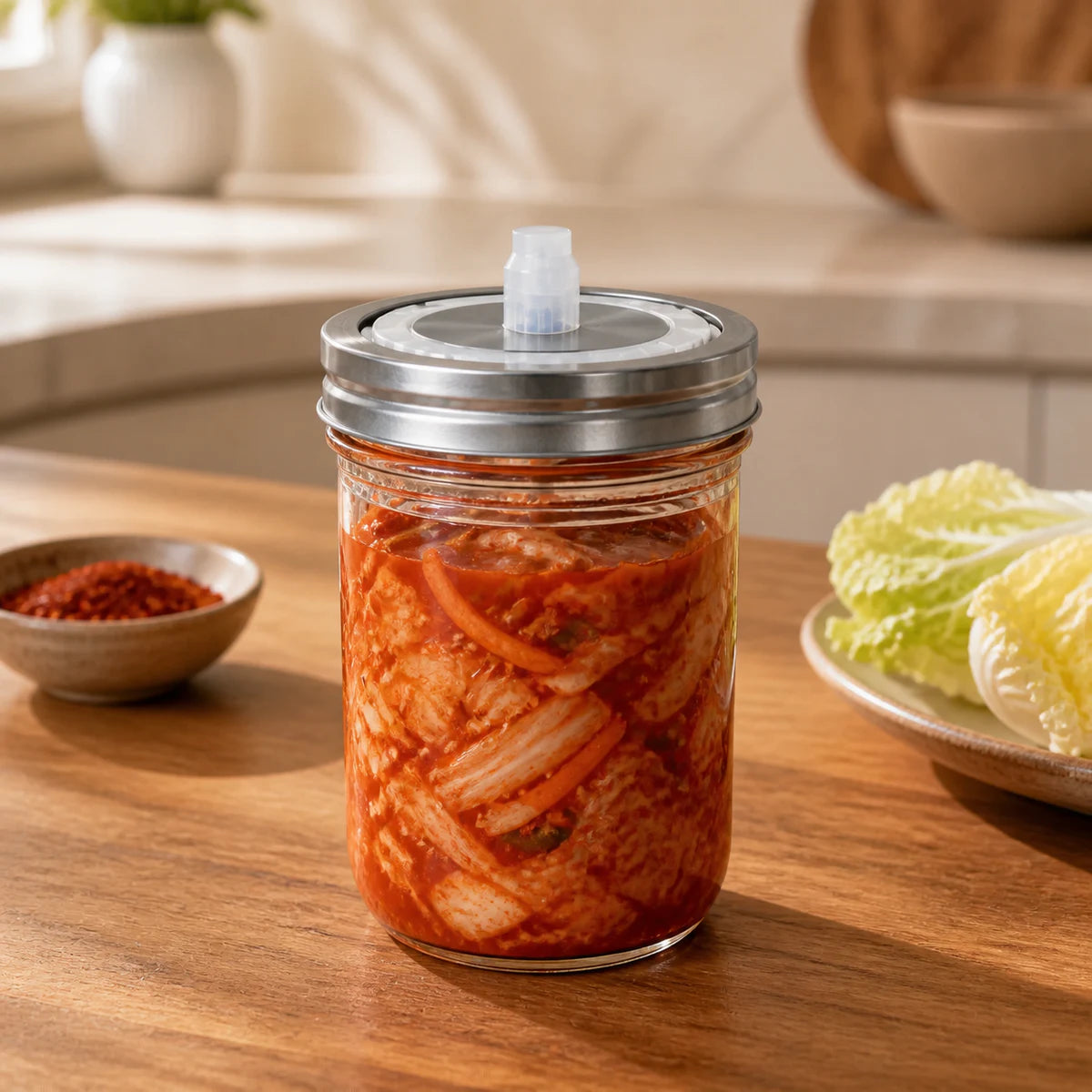 Kimchi unter Lake im Ball Wide Mouth Mason Jar mit Edelstahl-Ventildeckel