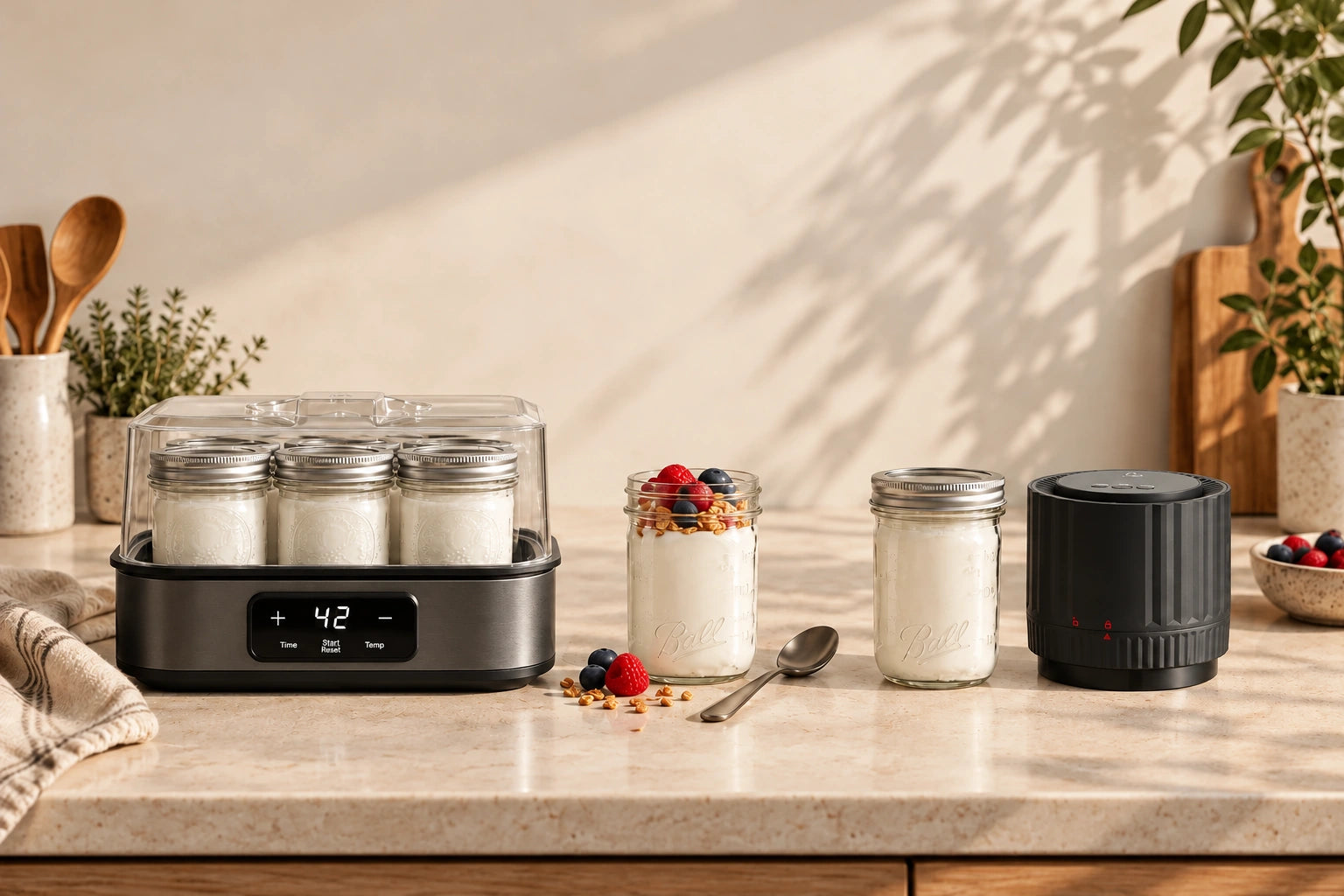 Yog it!, servierter Joghurt und EcoSeal Pro mit denselben kleinen Ball Mason Jars auf einer hellen Arbeitsfläche.