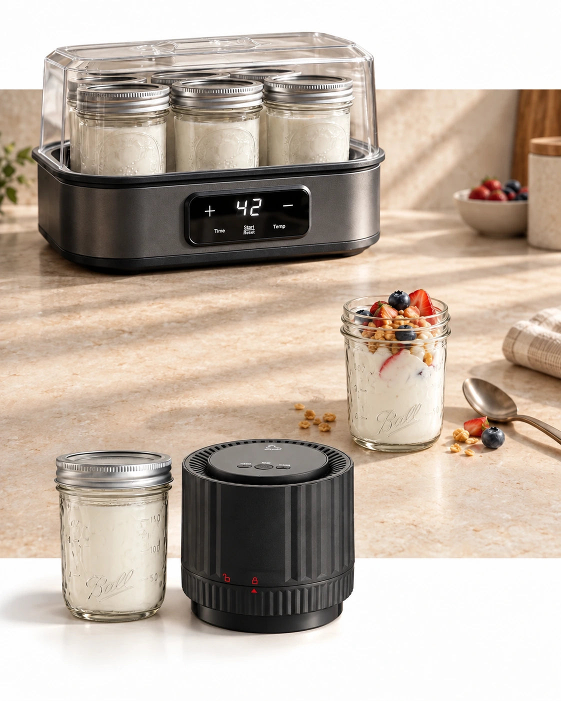 Yog it!, servierter Joghurt und EcoSeal Pro mit denselben kleinen Ball Mason Jars auf einer hellen Arbeitsfläche.