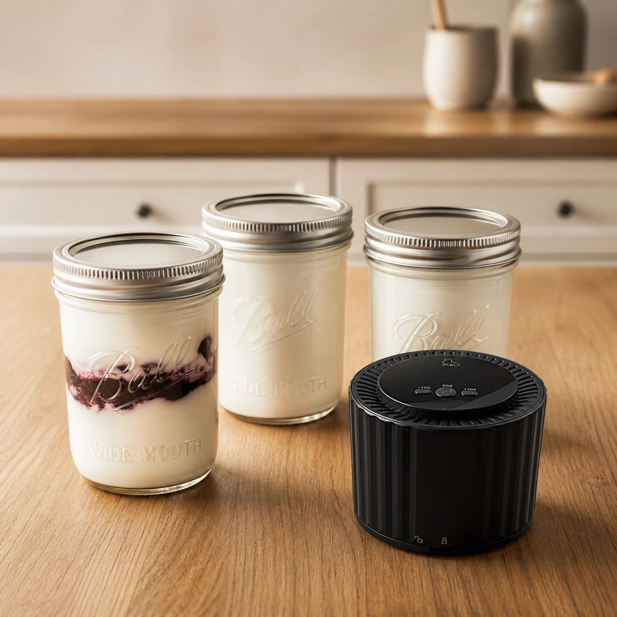 Der EcoSeal Pro neben portionsweise abgefülltem Joghurt in kleinen Ball Mason Jars