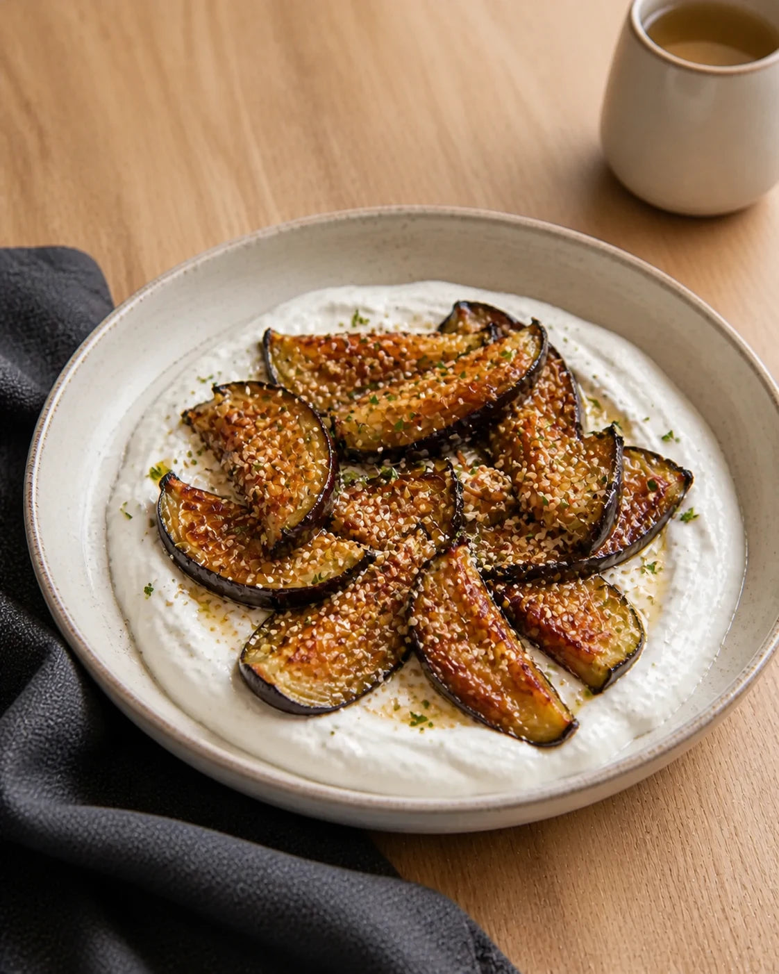 Ofen-Aubergine auf Kräuterjoghurt.